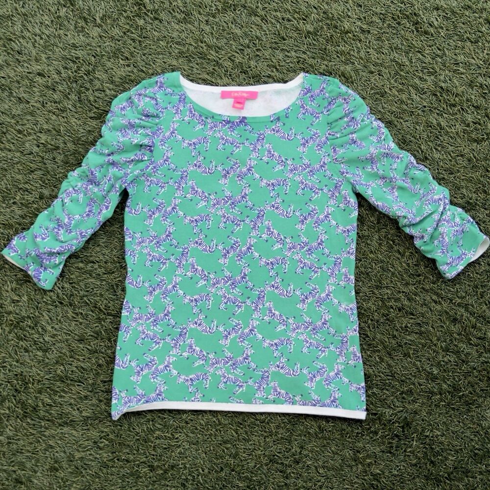 Lilly Pulitzer Zebra Print Avanna Sweater XS Green 3/4 Ruch Sleeve Preppy Resort